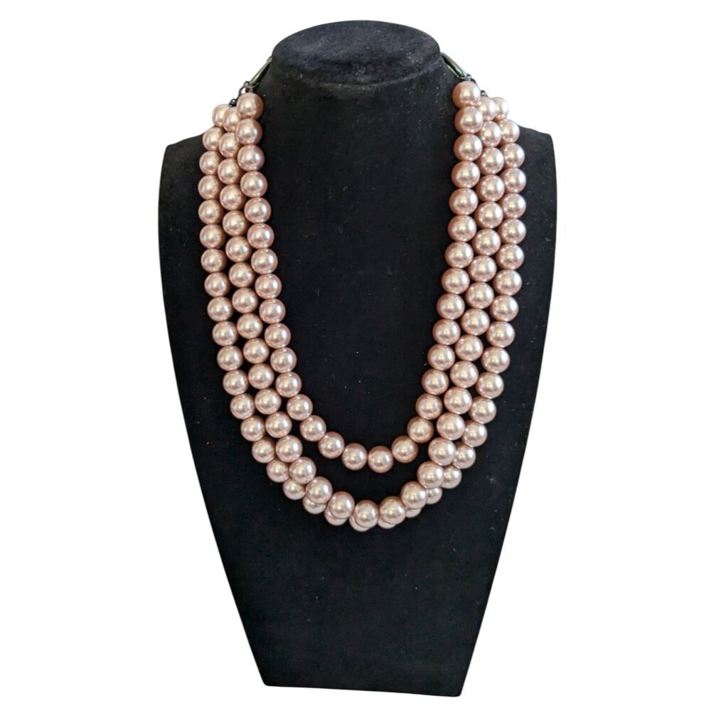 Vintage-Style Triple-Strand Faux Pearl Necklace with Adjustable Chain 16 Inches